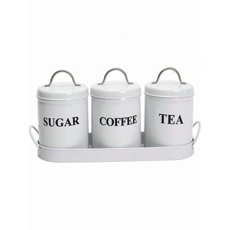 Tea Coffee Sugar Canisters, 3 Piece Kitchen Canister Set, Tea Sugar Coffee Canisters With Sealing Lid And Metal Tray, Metal Vintage Food Storage Jars For Coffee, Sugar, Tea, White