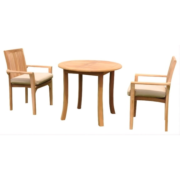 3-Piece Teak Dining Set: 36" Round Table + 2 Lua Stacking Arm Chairs