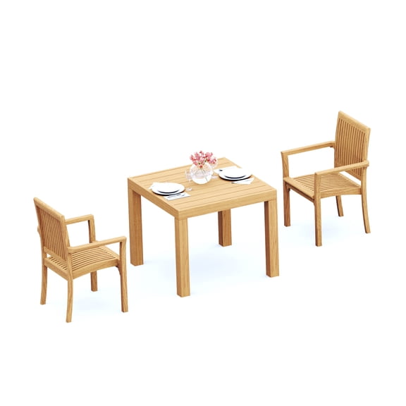 3-Piece Teak Dining Set: 36" Square Table + 2 Lua Stacking Arm Chairs