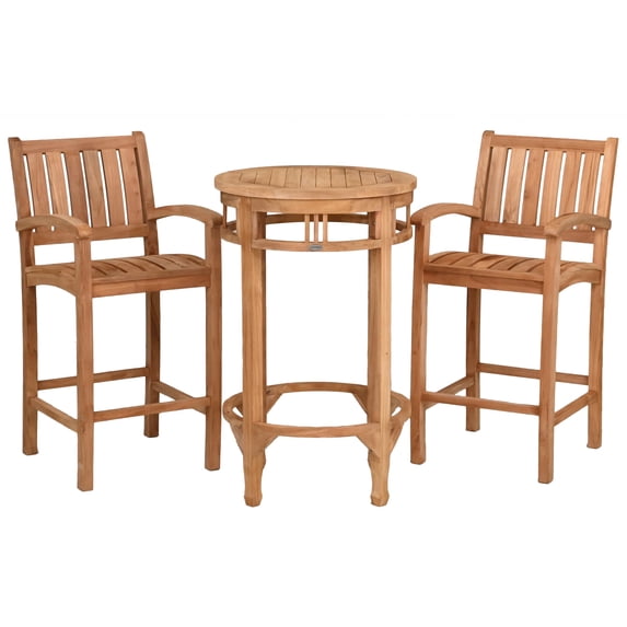 3 Piece Teak Wood Bistro Outdoor Patio Bar Set Including 27" Round Orleans Bar Table and 2 Abacho Barstools with Arms