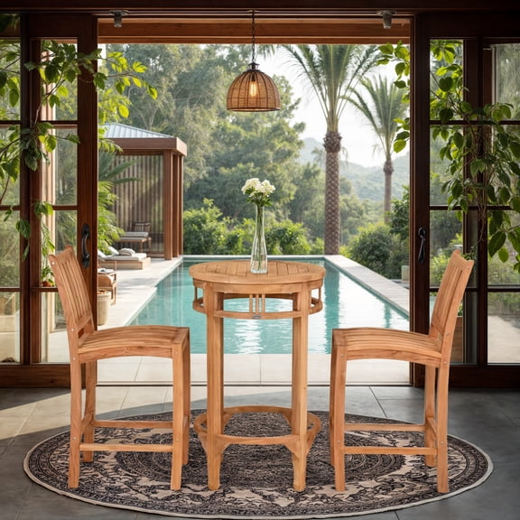 3 Piece Teak Wood Bistro Outdoor Patio Bar Set Including 27" Round Orleans Bar Table and 2 Abacho Barstools