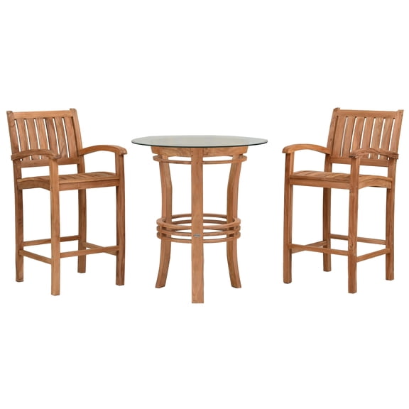 3 Piece Teak Wood Bistro Outdoor Patio Bar Set Including 36" Round Half Moon Table and 2 Abacho Barstools with Arms