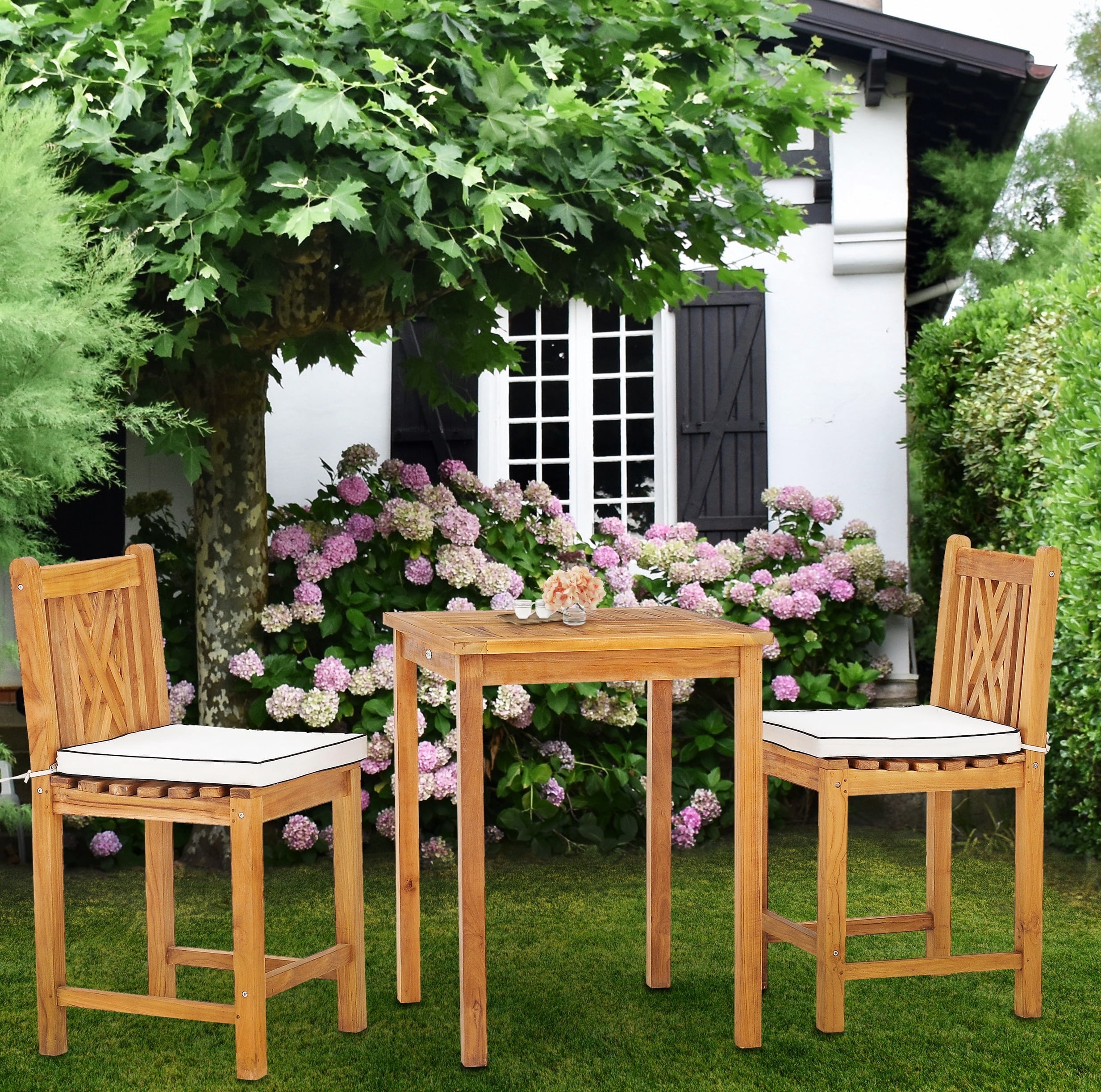 Outdoor Counter Set 3 Piece Teak Wood Chippendale Bistro Outdoor Patio Counter Dining Set ...