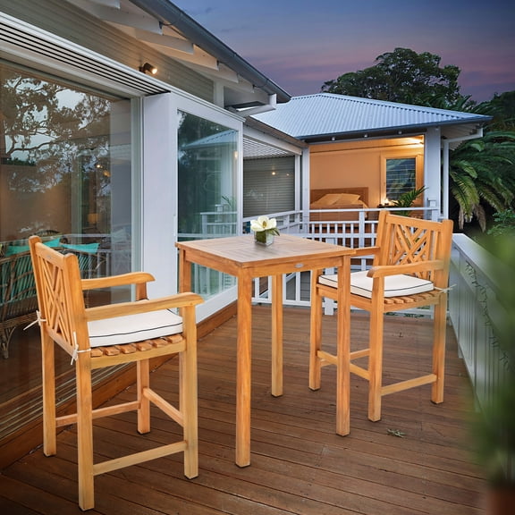 3 Piece Teak Wood Chippendale Intimate Outdoor Patio Bistro Bar Set with 27" Table and 2 Barstools with Arms