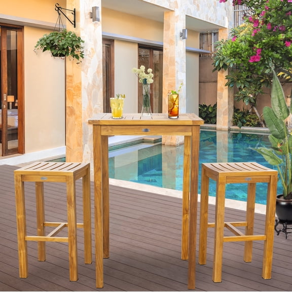 3 Piece Teak Wood Havana Small Outdoor Patio Bistro Bar Set with 27" Square Table & 2 Barstools