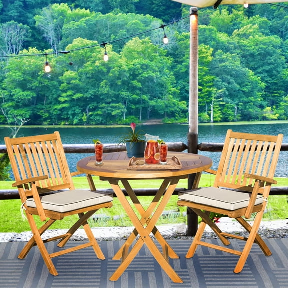 3 Piece Teak Wood Long Beach Patio Bistro Dining Set, 36" Round Folding Table with 2 Folding Arm Chairs