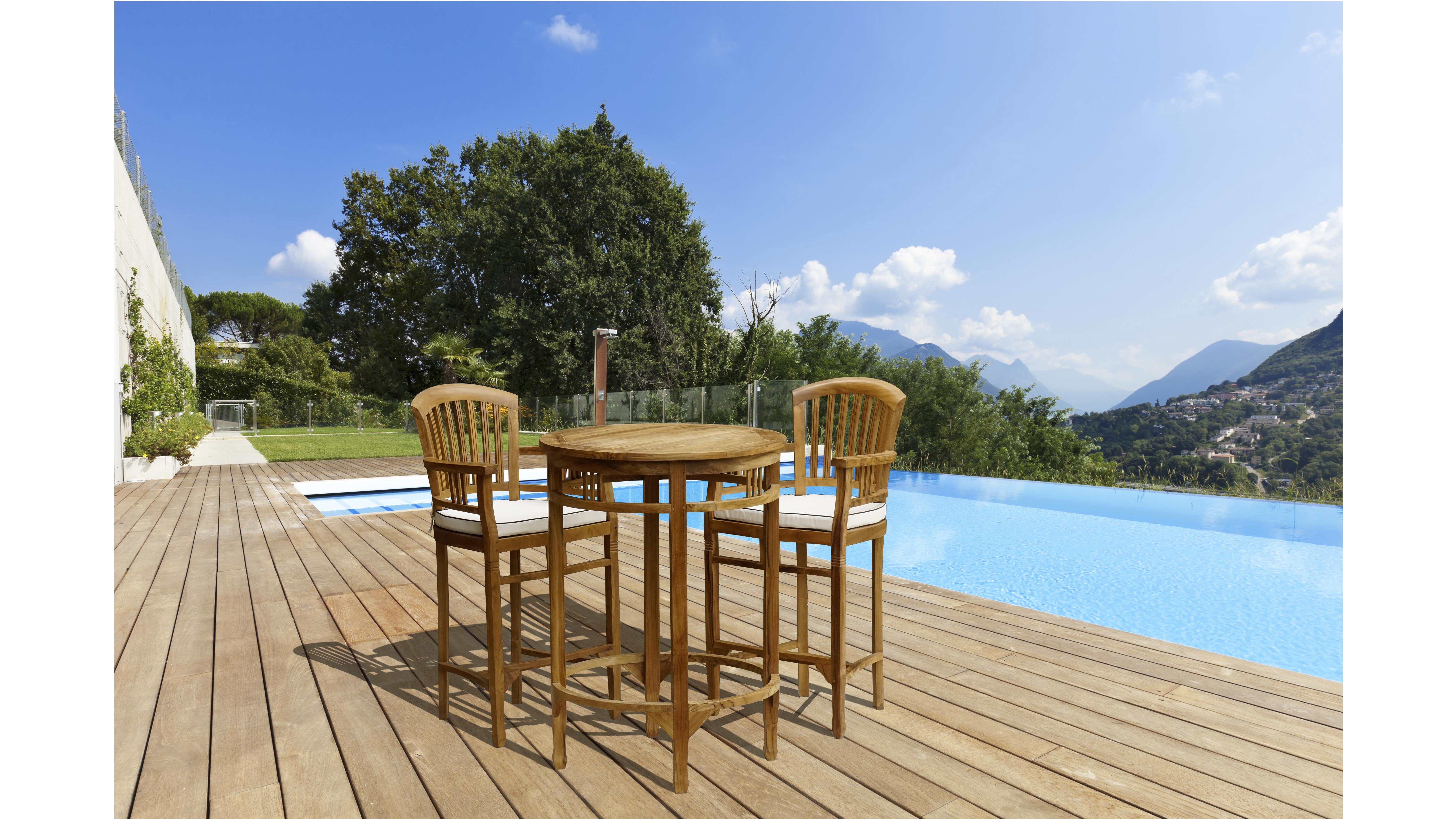 3 Piece Teak Wood Orleans Bar Outdoor Patio Dining Set With Cushions, A
