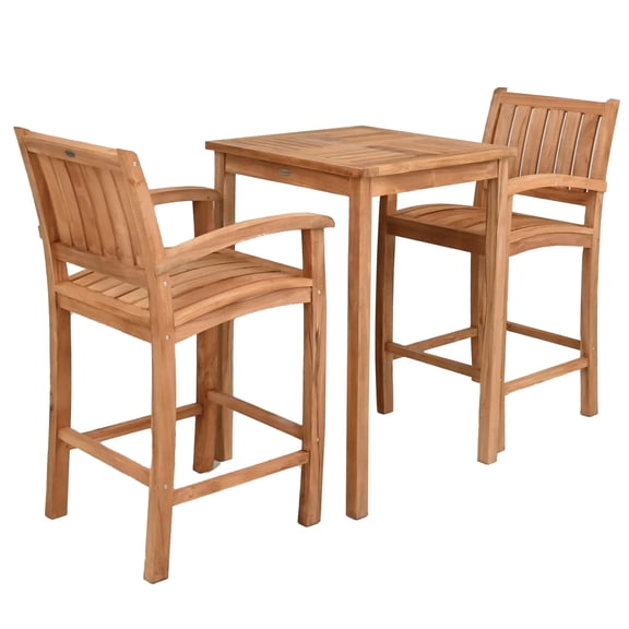3 Piece Teak Wood Outdoor Patio Bar Set Including 27" Square Bistro Bar Table and 2 Abacho Barstools with Arms