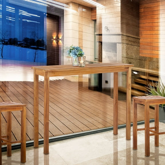 3 Piece Teak Wood Santa Monica Patio Bistro Set with Table and 2 Counter Stools