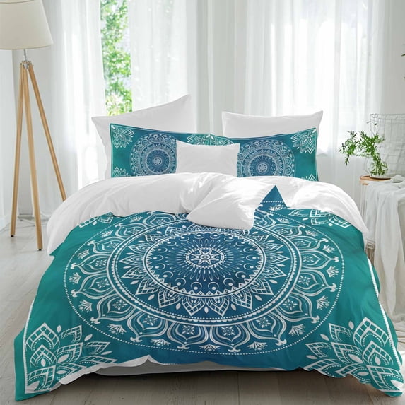 3 Piece Teal Blue Boho Duvet Cover Set Twin Size,Microfiber Comforter/Quilt Cover with Corner Ties and 2 Pillowcases,Retro White Rustic Flower Ethnic Pattern All Season Bedding with Zipper Closure