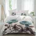 thumbnail image 1 of 3 Piece Teal Blue Floral Duvet Cover Set Full Size,Microfiber Comforter/Quilt Cover with Corner Ties and 2 Pillowcases,Vintage Rustic Botanical Beige Wooden All Season Bedding with Zipper Closure, 1 of 8
