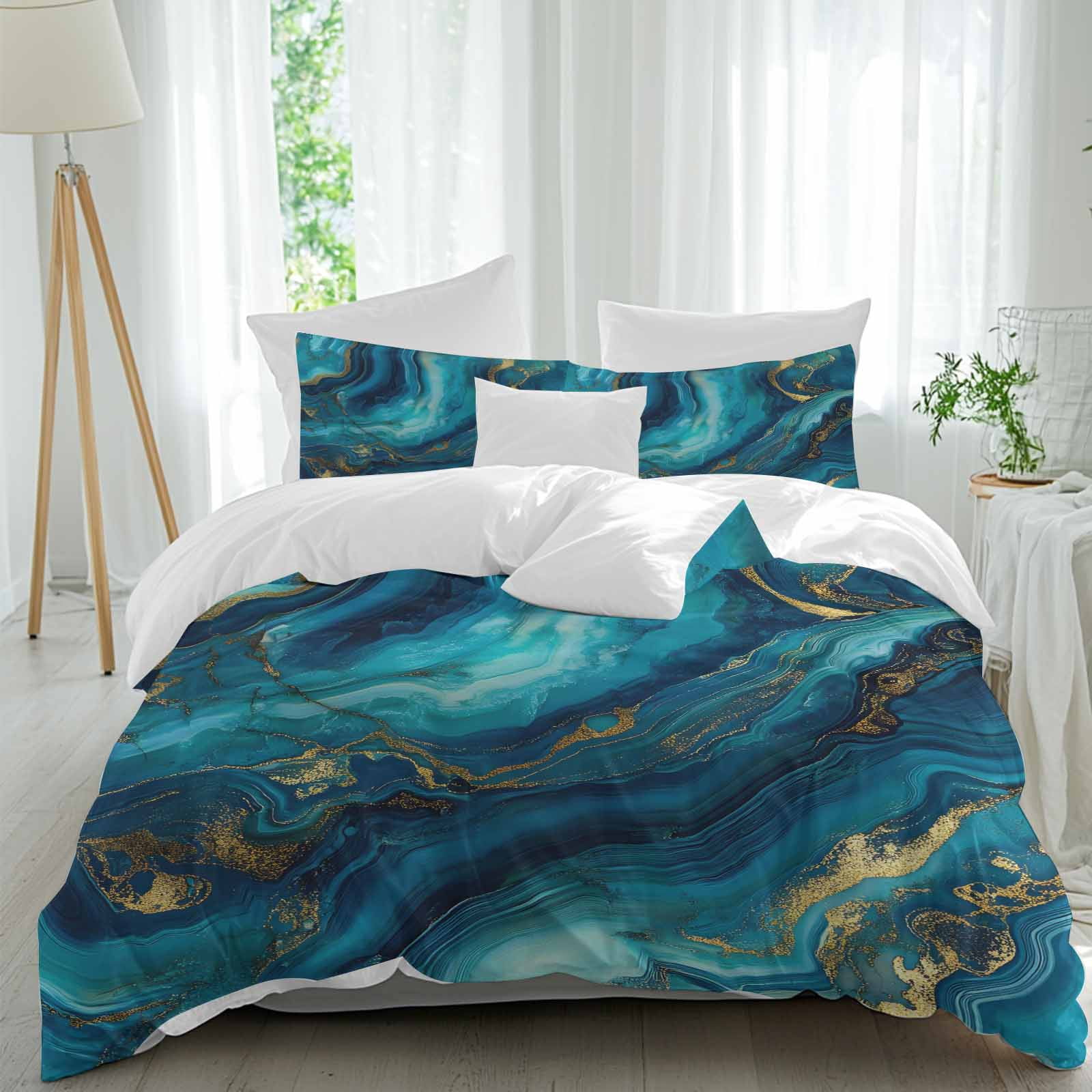 3 Piece Teal Blue Marble Duvet Cover Set Twin Size,Microfiber Comforter ...