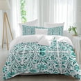 thumbnail image 1 of 3 Piece Teal Boho Duvet Cover Set Queen Size,Microfiber Comforter/Quilt Cover with Corner Ties and 2 Pillowcases,Ethnic Tribal Floral Abstract Art Aesthetics All Season Bedding with Zipper Closure, 1 of 8