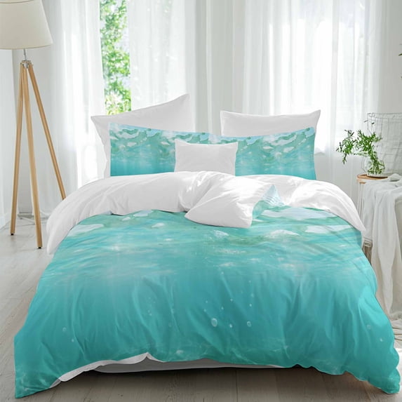 3 Piece Teal Coastal Duvet Cover Set Full Size, Microfiber Comforter/Quilt Cover with Corner Ties and 2 Pillowcases, Summer Beach Ocean Seawater Nautical All Season Soft Bedding with Zipper Closure