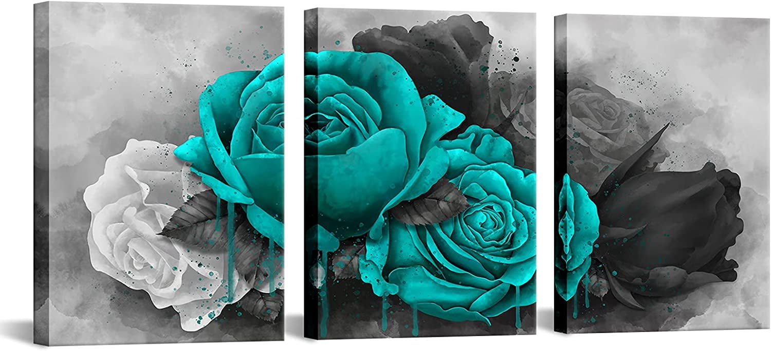 3 Piece Teal and Grey Canvas Wall Art Rose Flower Painting Picture ...