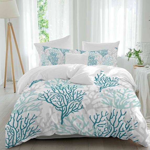 3 Piece Teal Grey Coral Coastal Duvet Cover Set California King,Microfiber Comforter/Quilt Cover with Corner Ties and 2 Pillowcases,Summer Beach Seaside Nautical Soft Bedding with Zipper Closure