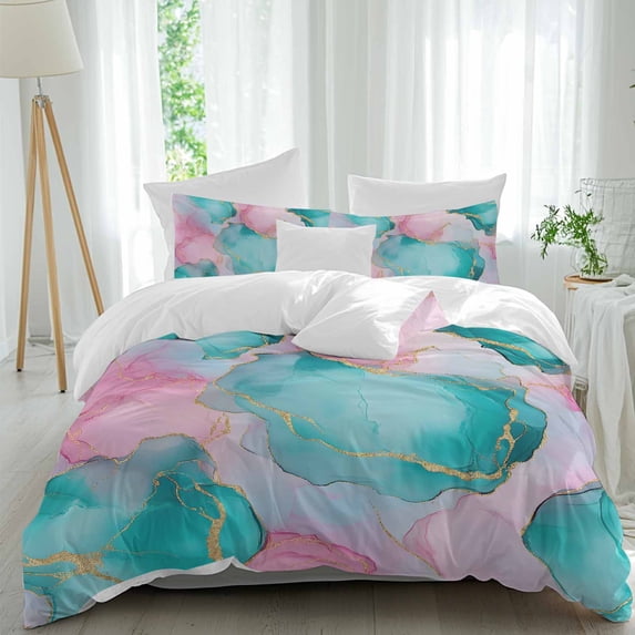 3 Piece Teal Pink Duvet Cover Set Queen Size, Microfiber Comforter/Quilt Cover with Corner Ties and 2 Pillowcases, Modern Abstract Ink Painting Art Marble All Season Soft Bedding with Zipper Closure