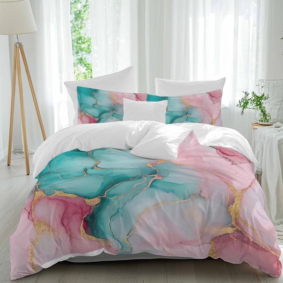 3 Piece Teal Pink Duvet Cover Set Queen Size, Microfiber Comforter/Quilt Cover with Corner Ties and 2 Pillowcases, Modern Marble Art Ink Painting Abstract All Season Soft Bedding with Zipper Closure