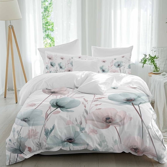 3 Piece Teal Pink Spring Floral Duvet Cover Set California King,Microfiber Comforter/Quilt Cover with Corner Ties and 2 Pillowcases,Summer Botanical Watercolor All Season Bedding with Zipper Closure