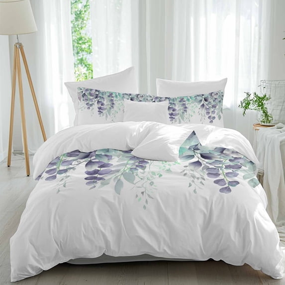 3 Piece Teal Purple Botanical Duvet Cover Set Queen Size,Microfiber Comforter/Quilt Cover with Corner Ties and 2 Pillowcases,Eucalyptus Leaves Watercolor Spring All Season Bedding with Zipper Closure
