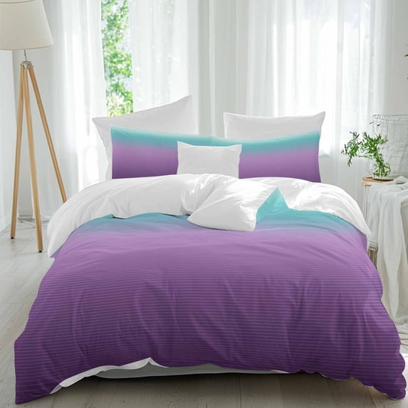 3 Piece Teal Purple Ombre Duvet Cover Set Queen Size,Microfiber Comforter/Quilt Cover with Corner Ties and 2 Pillowcases,Modern Geometric Striped Abstract Art All Season Bedding with Zipper Closure