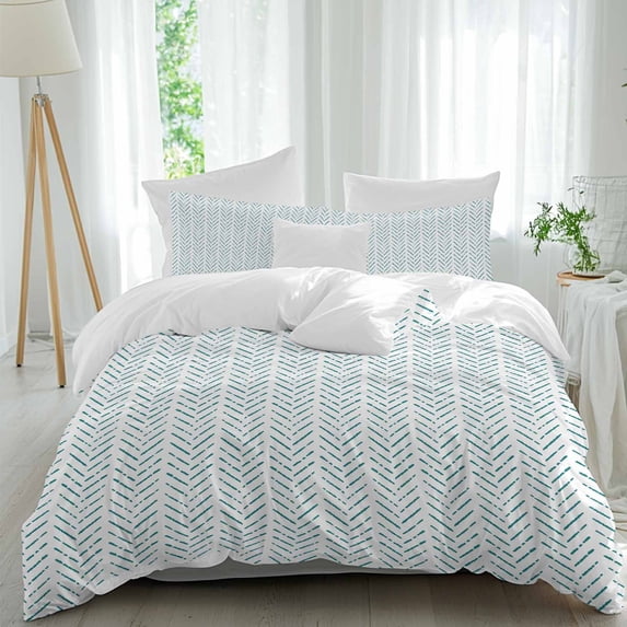 3 Piece Teal Striped Duvet Cover Set Queen Size, Microfiber Comforter/Quilt Cover with Corner Ties and 2 Pillowcases, Modern Abstract Art Geometric All Season Soft Bedding with Zipper Closure