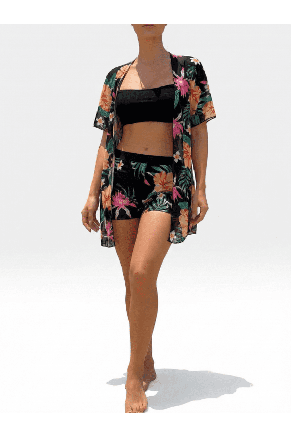 3 Piece Teal Tropical Floral Pineapple Print Swim Set Cami Crop Top and Bikini Shorts with Long Sleeve Kimono