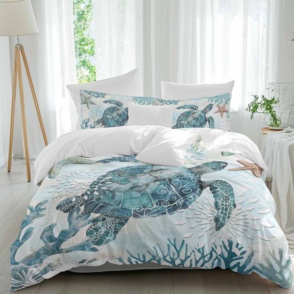 3 Piece Teal Turtle Coastal Duvet Cover Set California King,Microfiber Comforter/Quilt Cover with Corner Ties and 2 Pillowcases,Summer Beach Starfish Nautical Sea Soft Bedding with Zipper Closure