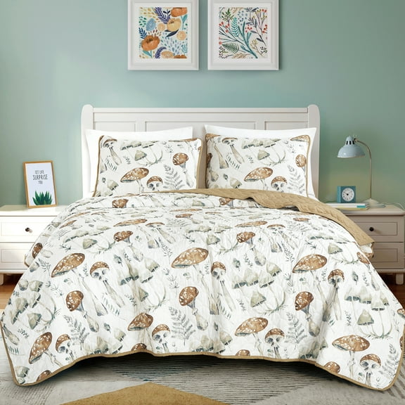 3-Piece Teenie Taupe Mushroom Bedspread Set King Size Reversible Brown Quilt