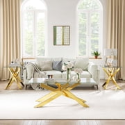 3-Piece Tempered Glass Coffee Table Set, 1 Coffee Table & 2 End Tables with Geometric Metal Legs for Living Room, Office