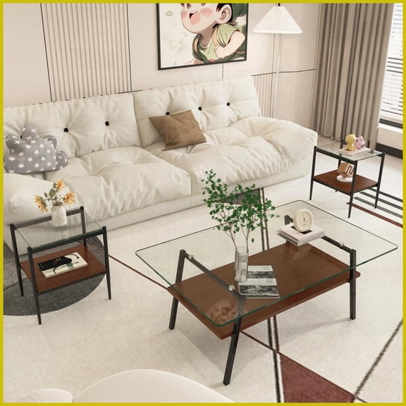 3-Piece Tempered Glass & MDF Coffee & End Table Set for Living Room, Easy-Clean & Ample Storage