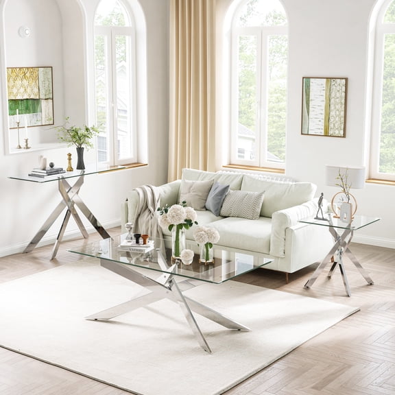 3-Piece Tempered Glass Table Set, Coffee Table, Console Table & End Table with Geometric Metal Legs for Living Room, Office