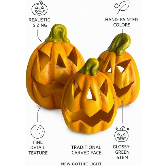 3-Piece Terracotta Pumpkin Lantern Set Hand-Painted Rustic Jack OLantern Tealight Holders in 3 Sizes Spooky Glow Halloween Decoration for Table, Mantel, Porch & Fall Farmhouse Decor
