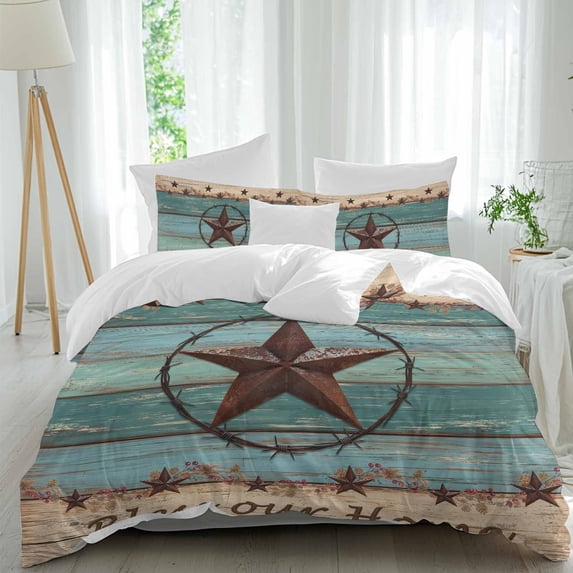 3 Piece Texas Star Country Duvet Cover Set California King,Microfiber Comforter/Quilt Cover with Corner Ties and 2 Pillowcases,Western Old Wooden Board Vintage All Season Bedding with Zipper Closure