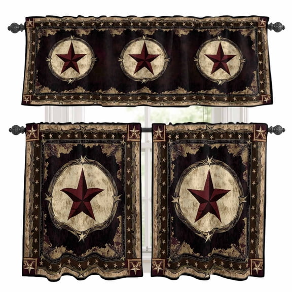 3 Piece Texas Star Kitchen Curtain Valance and Tiers Set Western Retro Red Star Rustic Farmhouse Rod Pocket Tier Curtain 36 Inch Small Window Drapes for Living Room Bedroom Cafe Home Decor