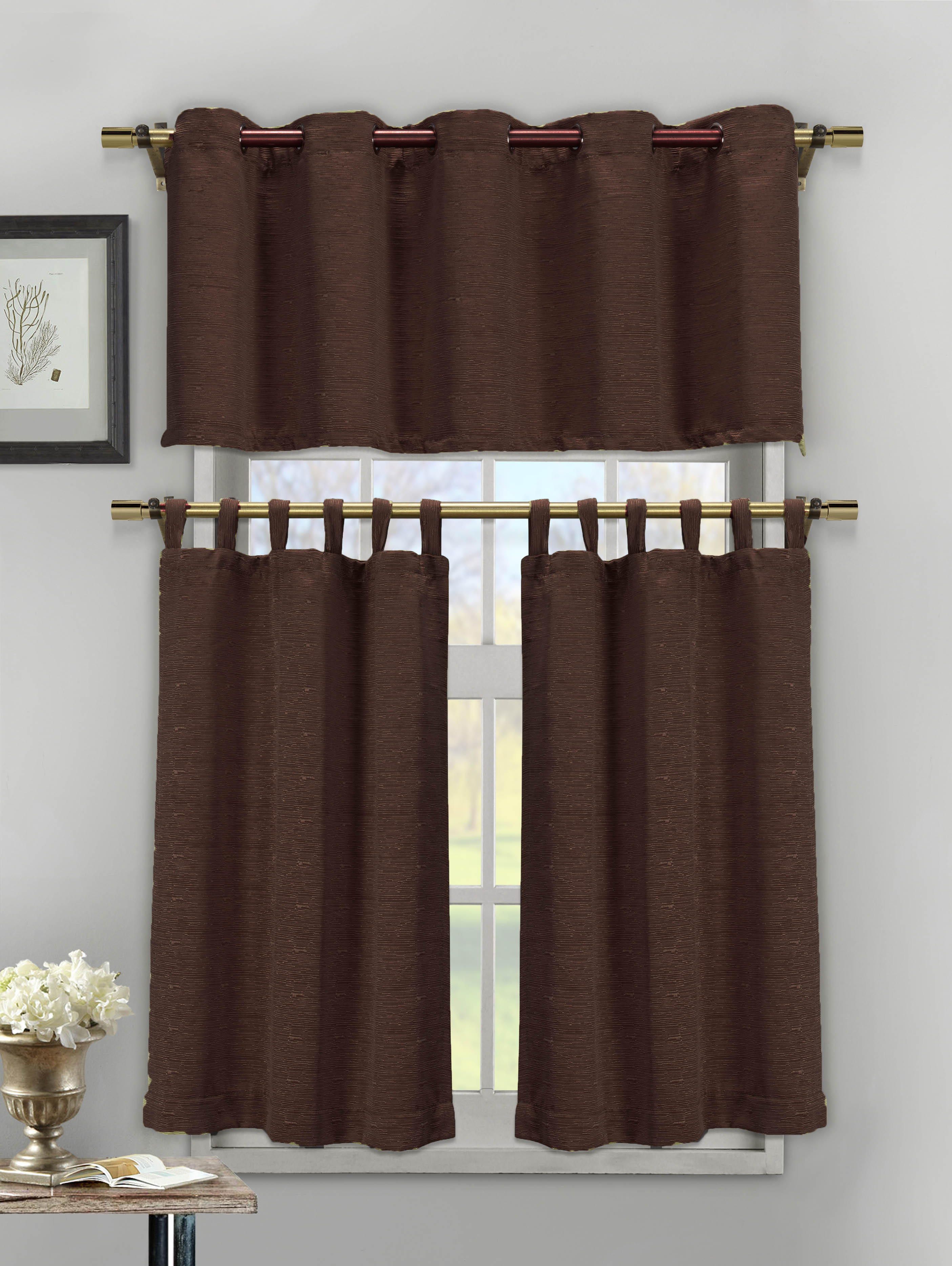 3 Piece Textured Cotton Blend Chocolate Brown Jacquard Kitchen Window ...