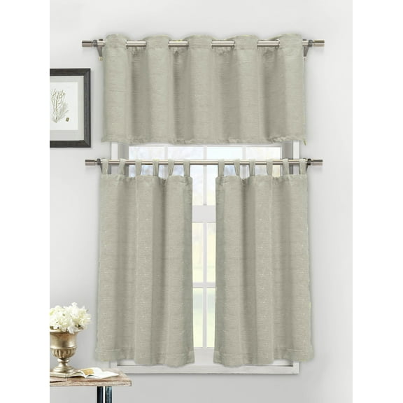 3 Piece Textured Cotton Blend Taupe Jacquard Kitchen Window Curtain Set