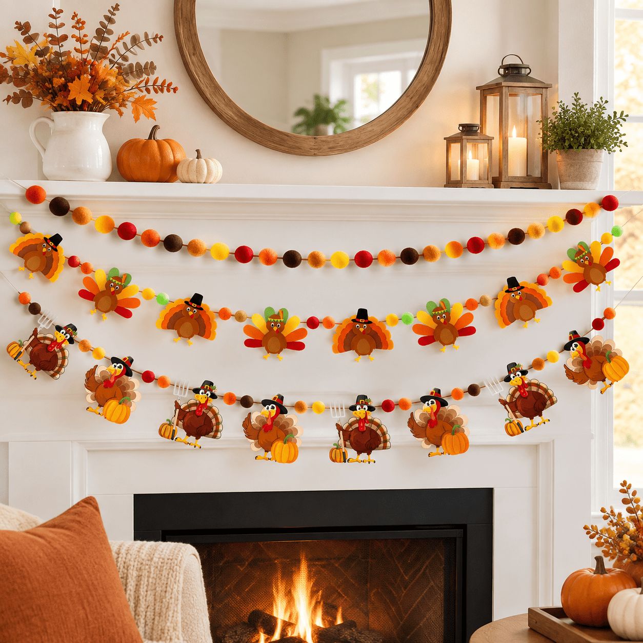 3-Piece Thanksgiving Felt Banner Garland Set With Pom Poms and Turkey ...