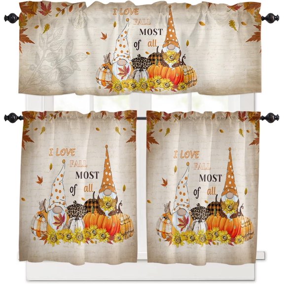 3 Piece Thanksgiving Gnome Pumpkin Sunflower Kitchen Curtains, Tier and Valance Rod Pocket Window Curtains Set Retro Fall Cafe Curtains for Kitchen Valances Window Treatment 54X18in+27x36in×2