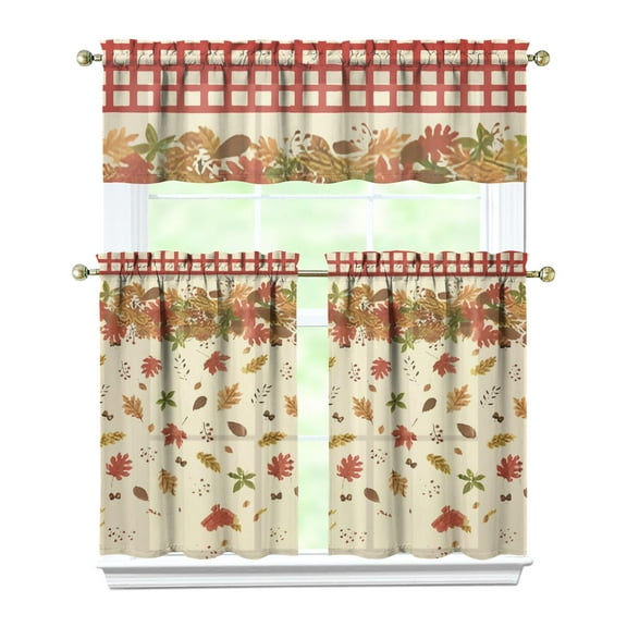 3-Piece Thanksgiving Kitchen Curtain Set - Ruffled Valance and Tier Curtains with Rod Pocket, Fresh Fall Harvest Pattern for Farmhouse Kitchen Windows Decor, 54"x18" + 27.5"x36"x2