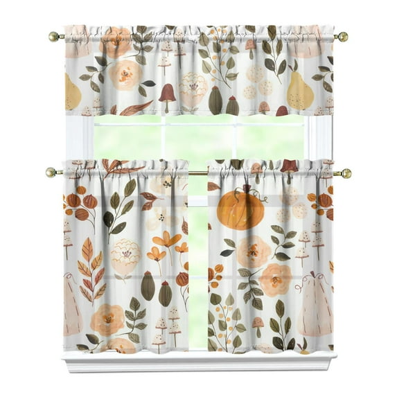 3-Piece Thanksgiving Kitchen Curtain Set - Ruffled Valance and Tier Curtains with Rod Pocket, Fresh Fall Harvest Pattern for Farmhouse Kitchen Windows Decor, 54"x18" + 27.5"x36"x2
