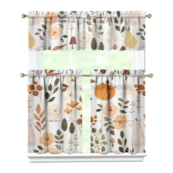3-Piece Thanksgiving Kitchen Curtain Set - Ruffled Valance and Tier Curtains with Rod Pocket, Fresh Fall Harvest Pattern for Farmhouse Kitchen Windows Decor, 54"x18" + 27.5"x36"x2