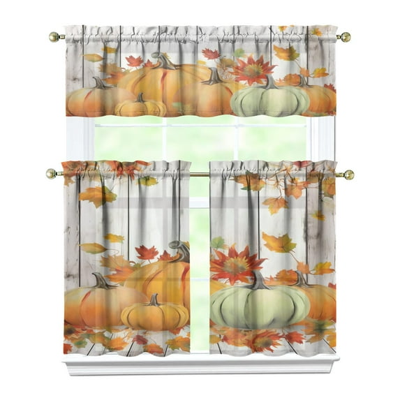 3-Piece Thanksgiving Kitchen Curtain Set - Ruffled Valance and Tier Curtains with Rod Pocket, Fresh Fall Harvest Pattern for Farmhouse Kitchen Windows Decor, 54"x18" + 27.5"x36"x2