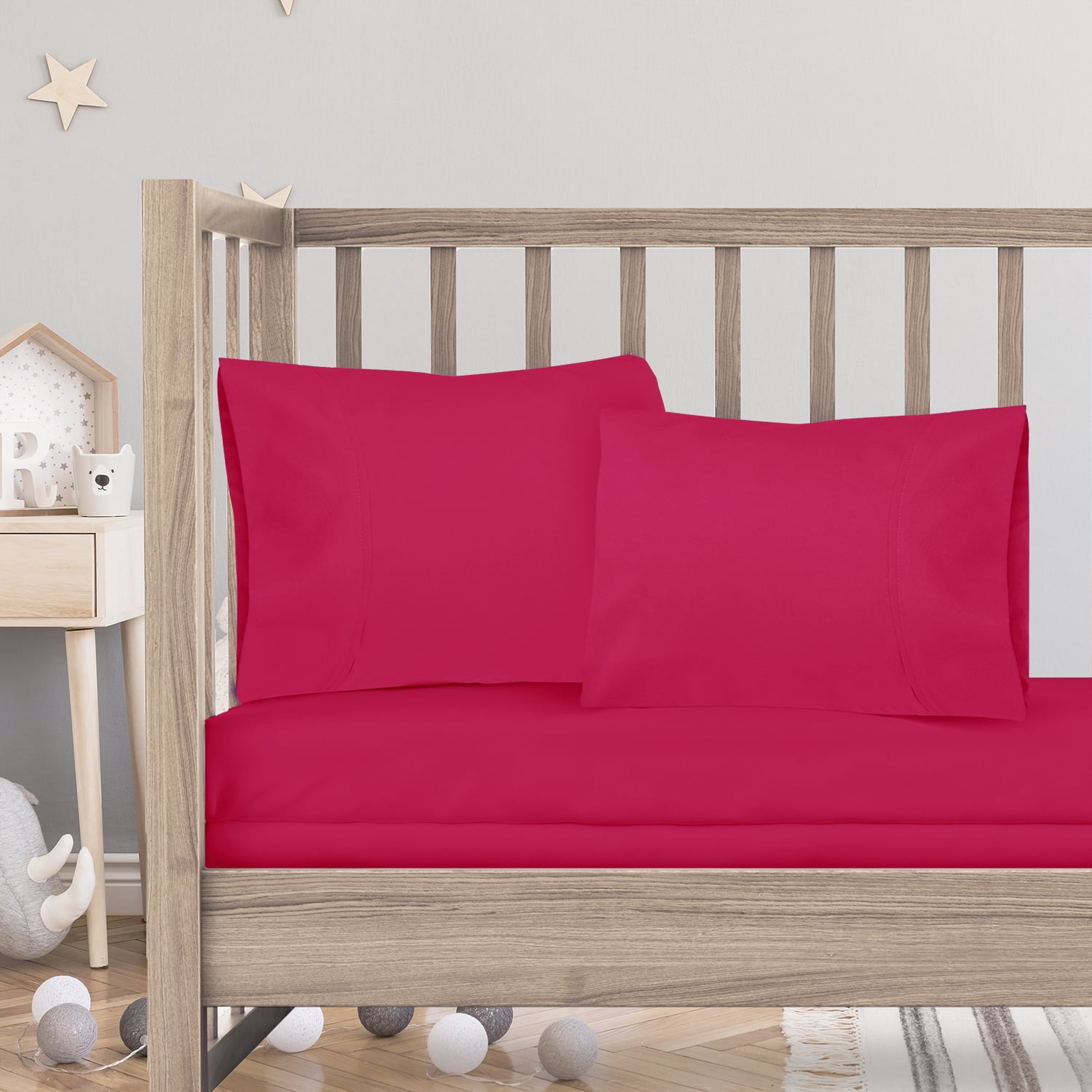 3 Piece Toddler Bed Sheet Set - Silky Soft Solid Microfiber Crib Sheets, Hypoallergenic, Cool & Breathable - Includes Fitted Sheet 28"x52", Flat Sheet 45"x60" and 14”x19” Pillowcase - Hot Pink