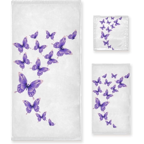 3-Piece Towel Set,Retro Purple Butterflies Pattern Flying Butterfly Design Bath Towel Sets, 1 Bath Towel, 1 Hand Towel, 1 Washcloth, Absorbent Soft Towels Quick Drying for Bathroom