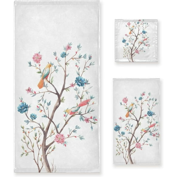 3-Piece Towel Set,Watercolor Floral Tree Bird Bath Towel Sets, 1 Bath Towel, 1 Hand Towel, 1 Washcloth, Spring Flowering Tree Bird Flower Absorbent Soft Towels Quick Drying for Bathroom