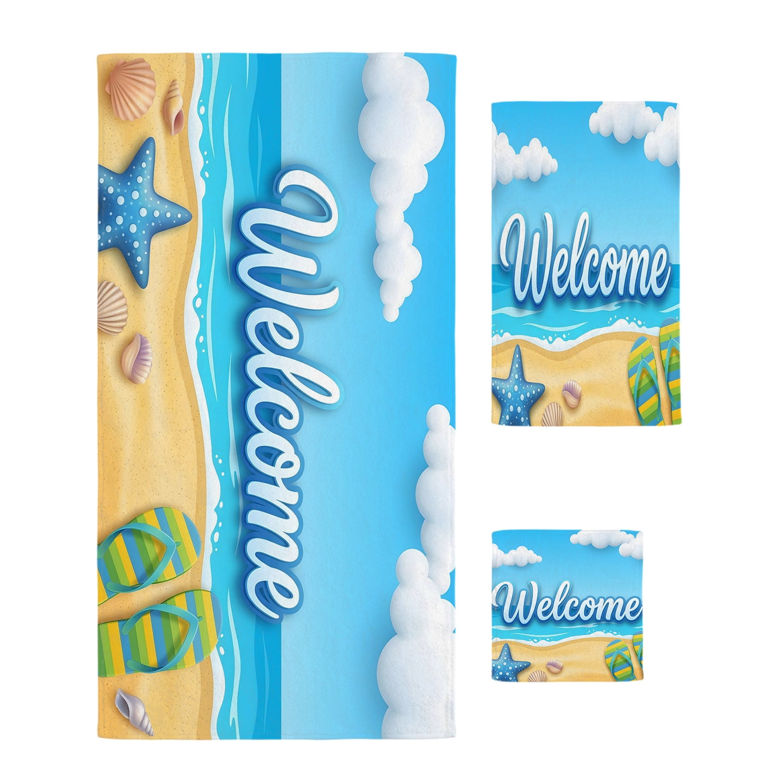3 Piece Towels Set Welcome Summer Bath Towels Set Ocean Beach Blue ...