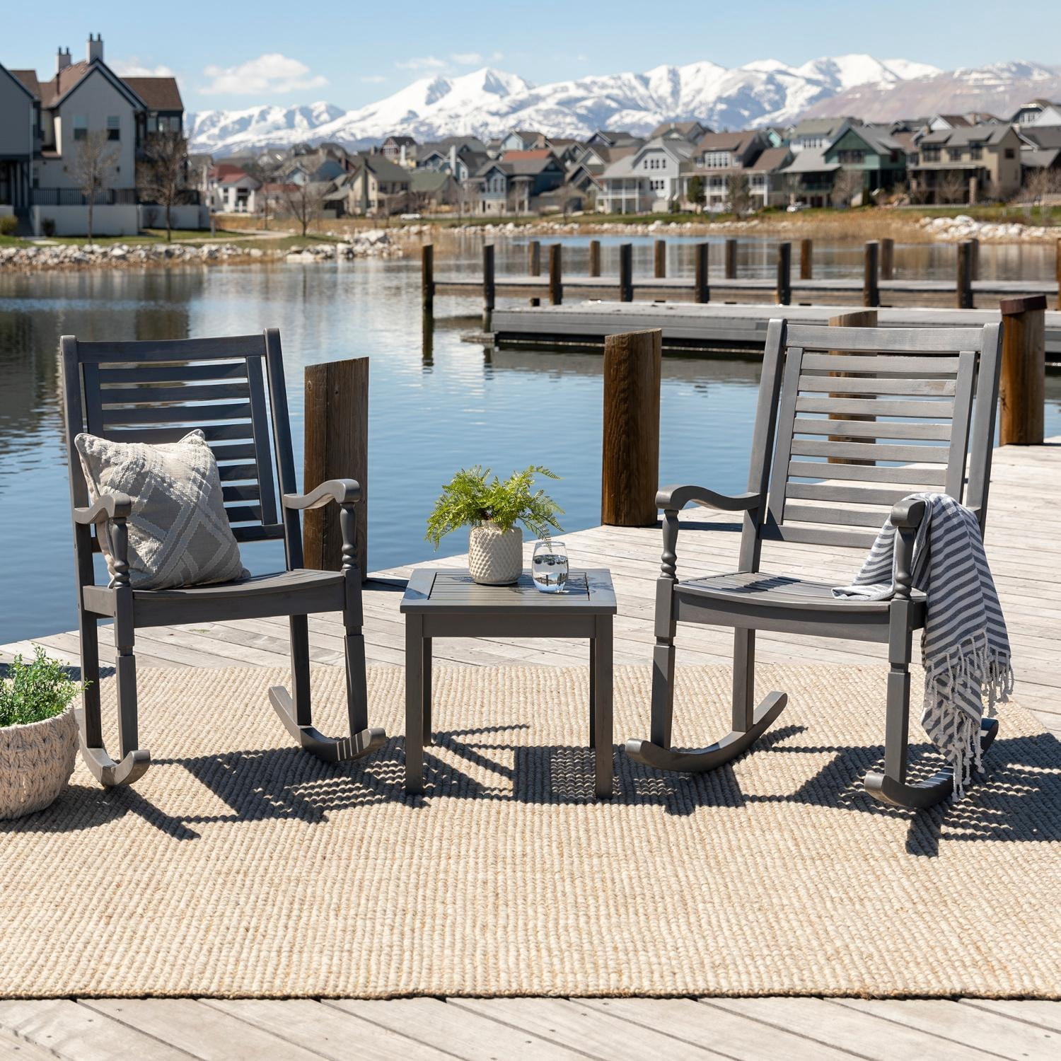 3-Piece Traditional Rocking Chair Outdoor Chat Set with End Table in ...