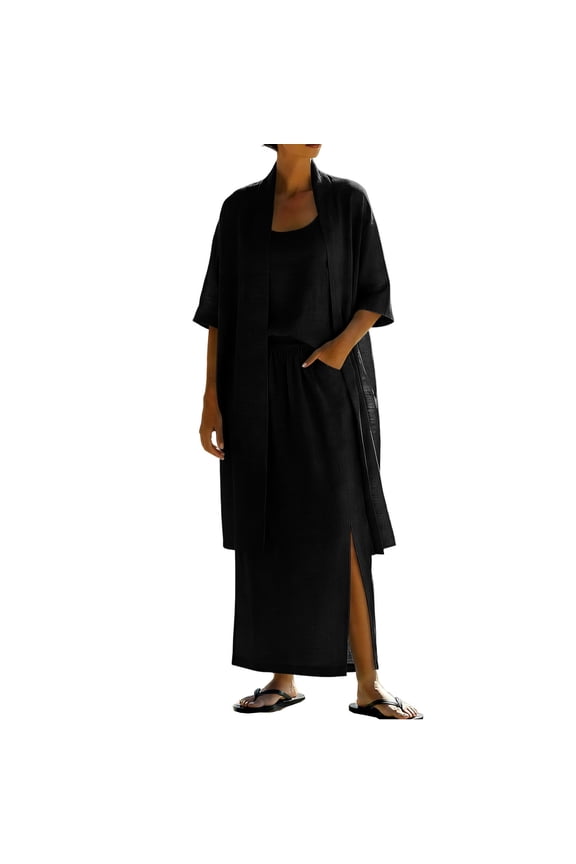 3 Piece Travel Outfits for Women Spaghetti Strap Camisole Long Slit Skirt Set with Kimono Casual Linen Cotton Outfit Sets Women