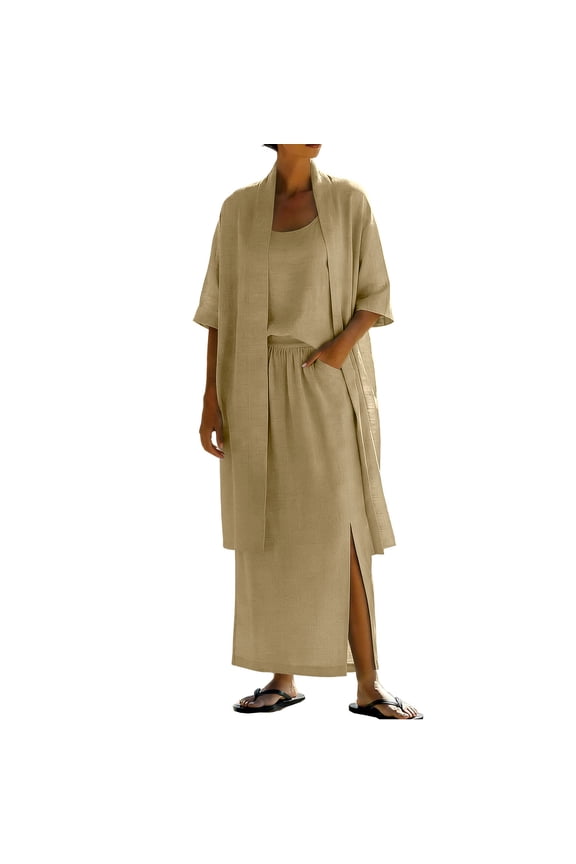 3 Piece Travel Outfits for Women Spaghetti Strap Camisole Long Slit Skirt Set with Kimono Casual Linen Cotton Outfit Sets Women